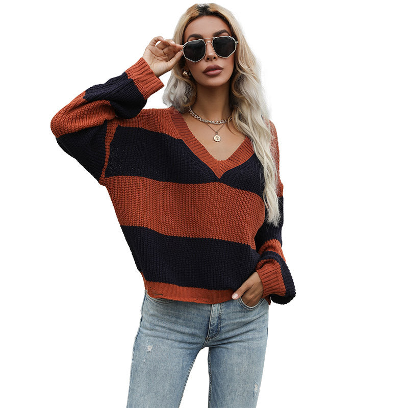 Women's Striped Oversize V-Neck Sweater in Chunky Knit Chichicherry