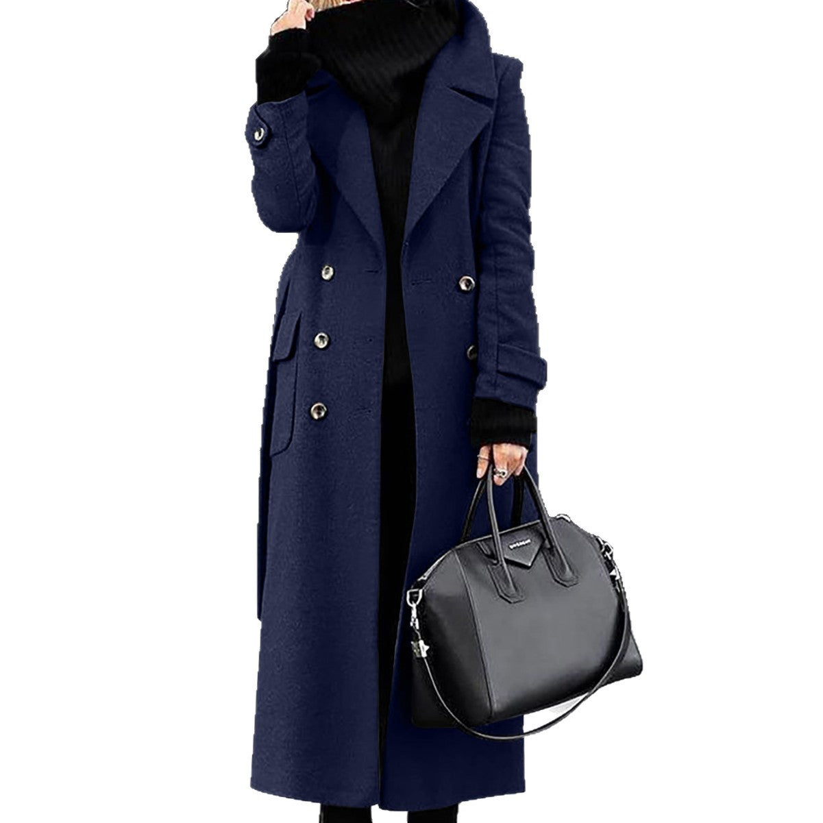 Women's double-breasted wool blend maxi coat with wide lapels and patch pockets Chichicherry