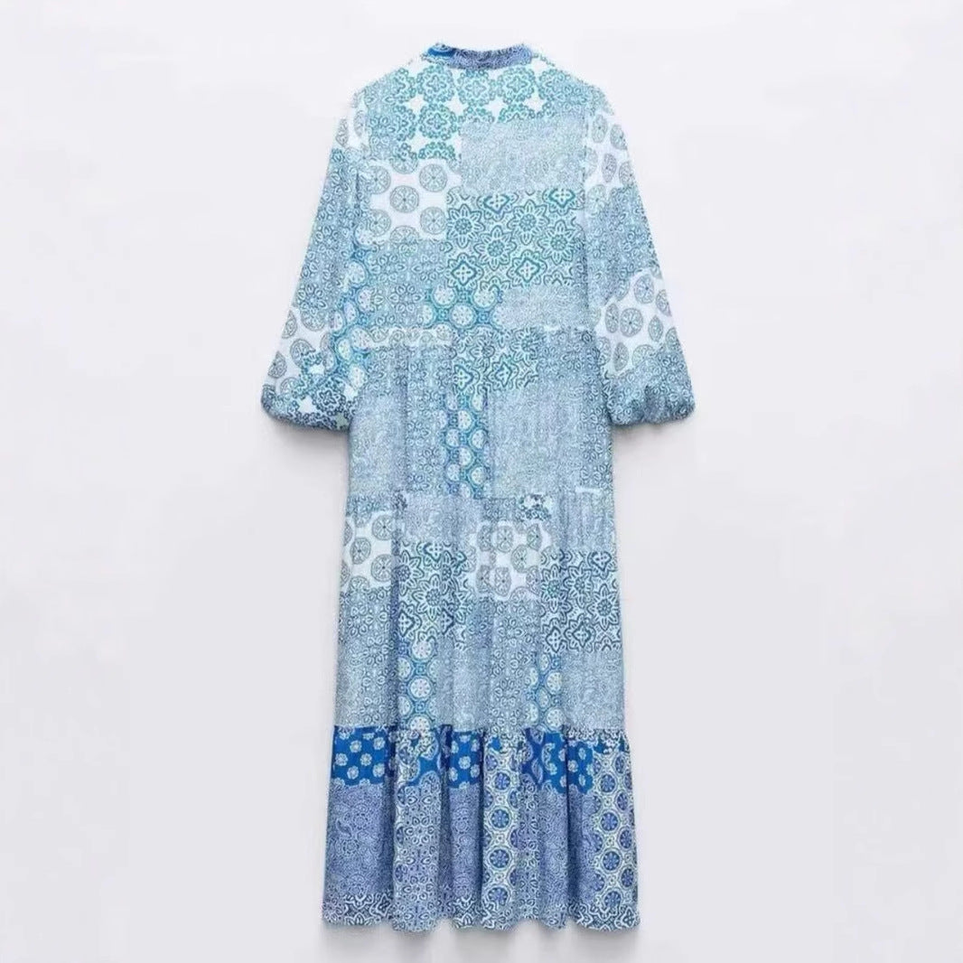 Women's maxi dress in patchwork print with V-neck, tiered skirt, and 3/4 sleeves Chichicherry