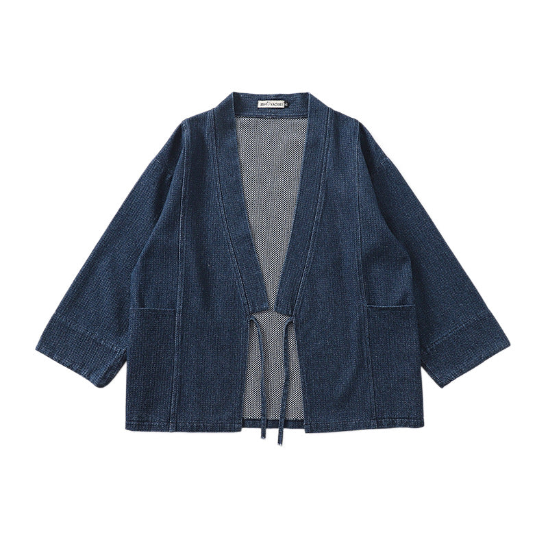 Unisex Jeans-Kimono Jacket with Ties and Patch Pockets Chichicherry