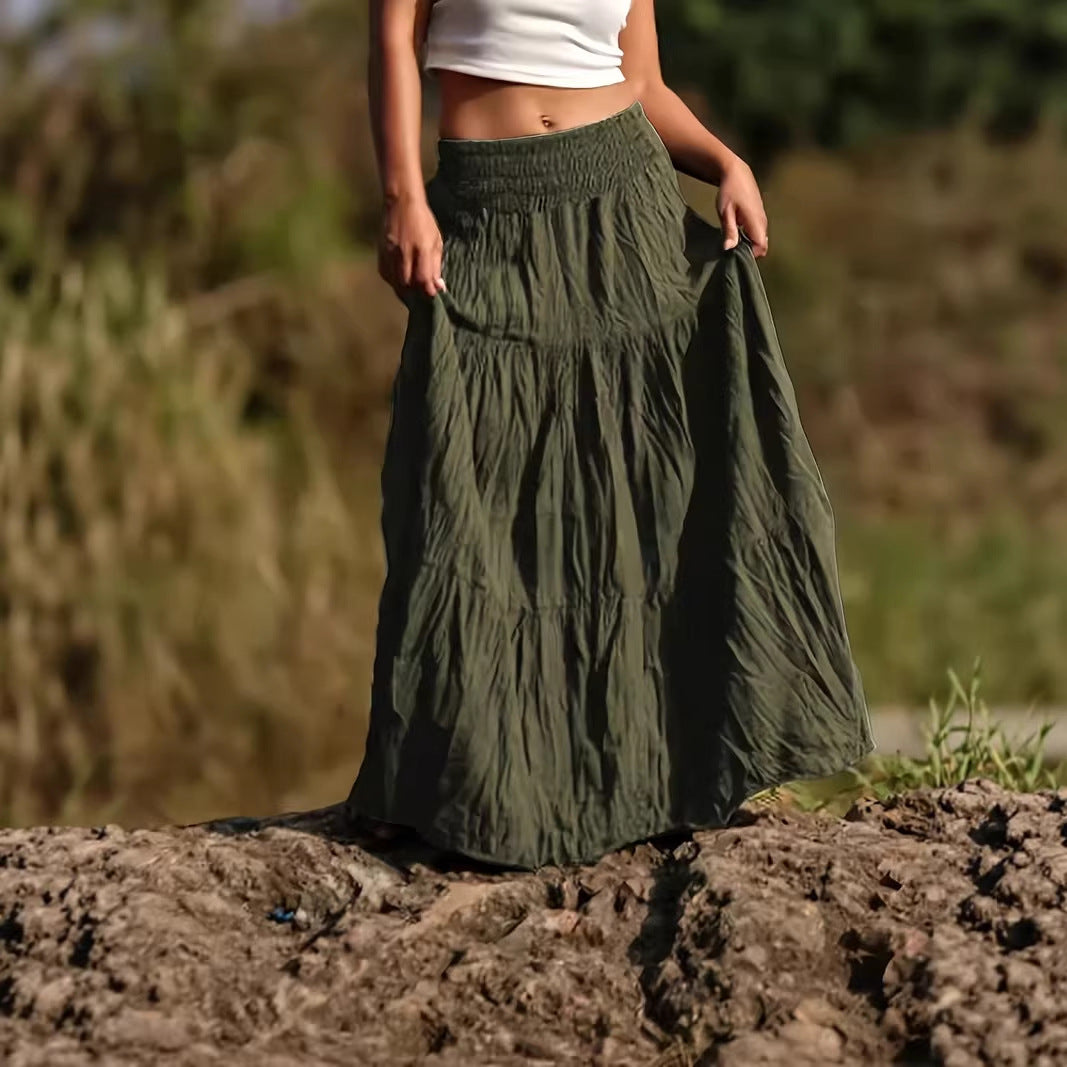 Women's maxi skirt with tiers, gathered smocked waistband and airy crinkle fabric Chichicherry