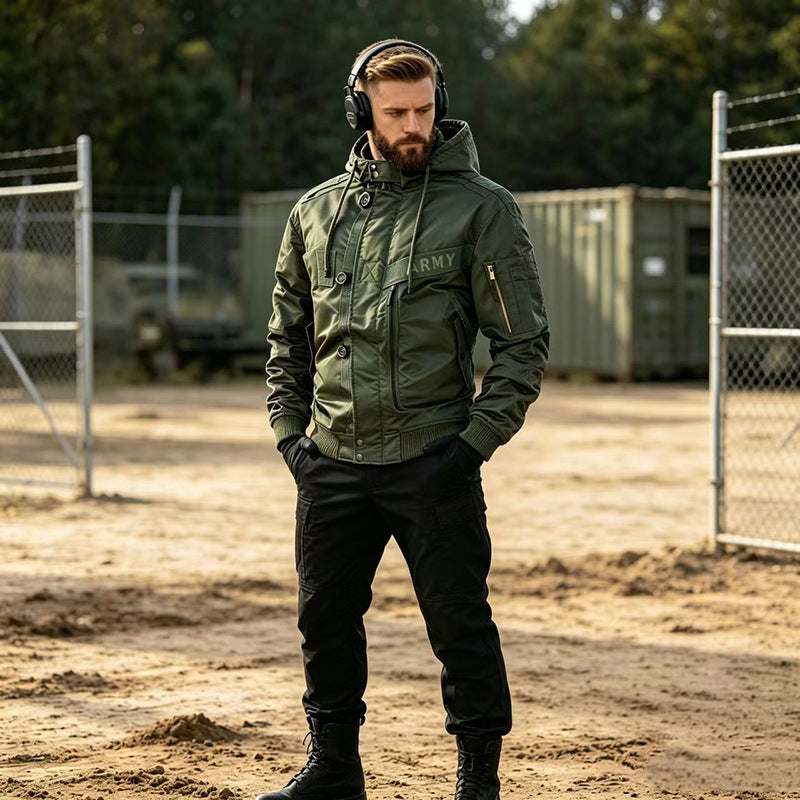 Men's Military-Inspired Hooded Bomber Jacket with Utility Pockets Chichicherry