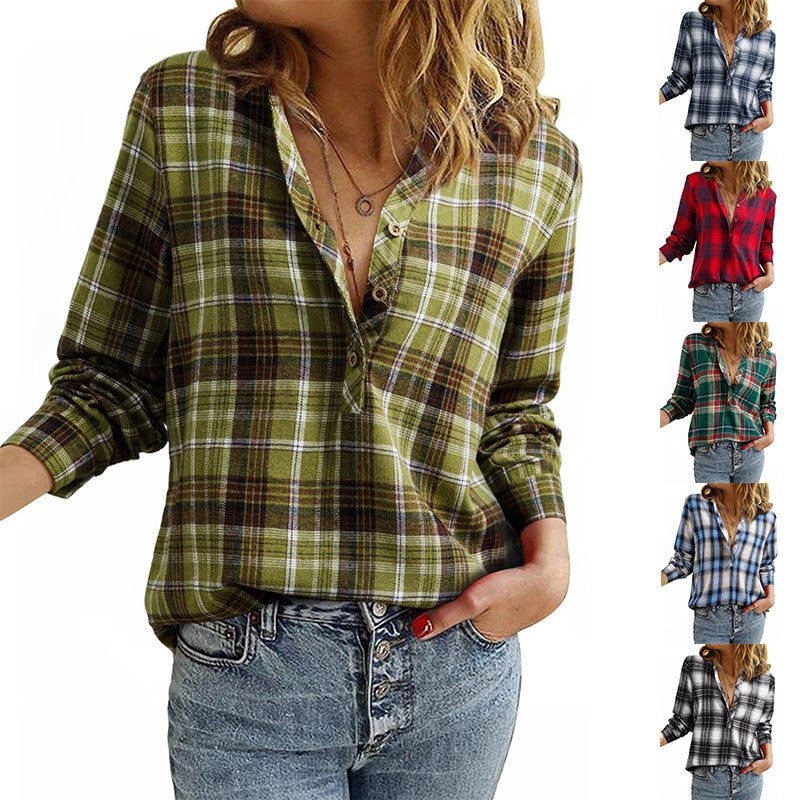 Women’s check blouse in oversized look with V-neck, button placket, and rounded hem Chichicherry