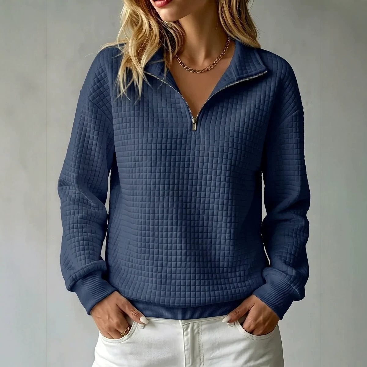 Women's Quilted Fleece Pullover with Half Zipper and Stand-Up Collar Chichicherry