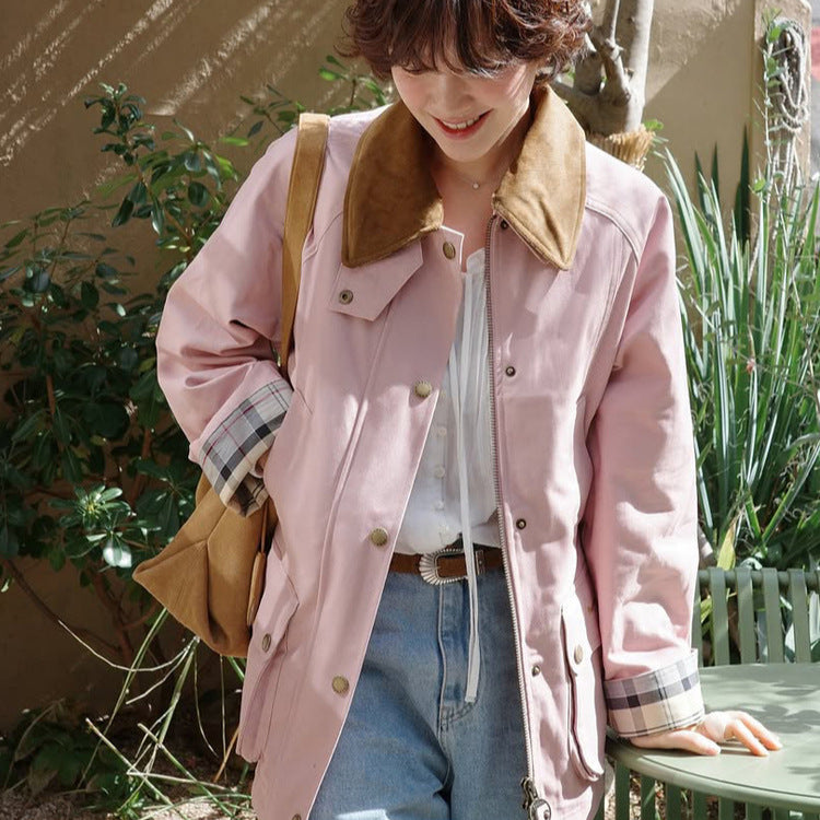 Women's transitional jacket with corduroy collar, checkered inner cuffs, and patch pockets Chichicherry