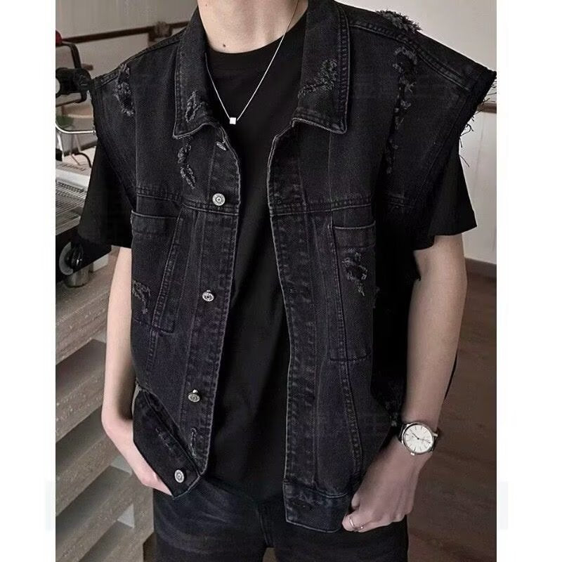 Herren Denim-Weste im Vintage-Used-Look mit Destroyed-Taschen und kastiger Passform Chichicherry