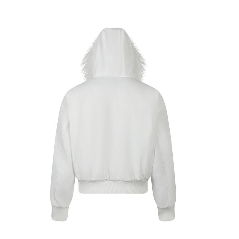 Women short-cut padded bomber jacket with faux fur hood and applied label patches Chichicherry