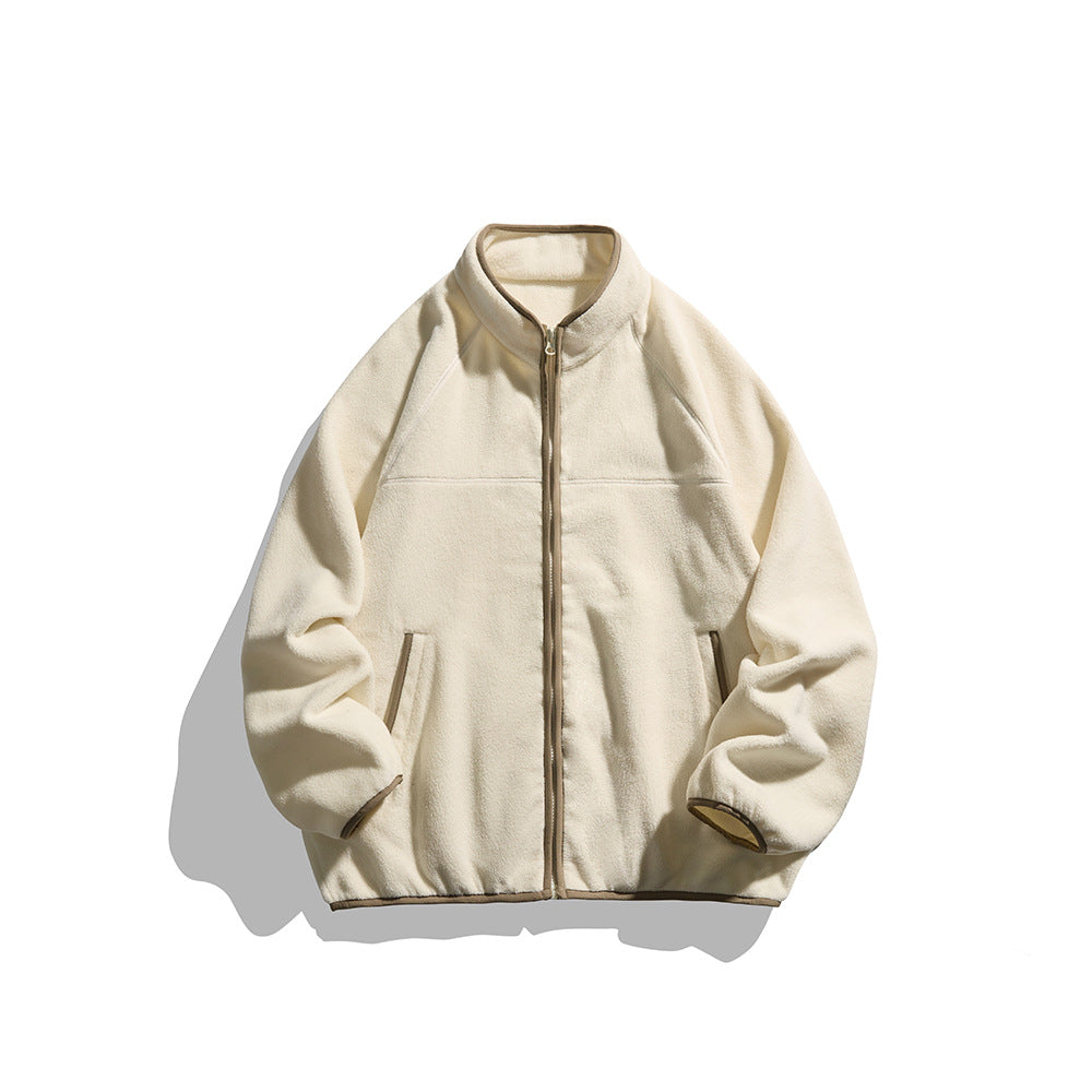 Unisex Oversize Fleece Jacket with Stand-Up Collar, Full-Length Zipper, and Contrast Piping Chichicherry