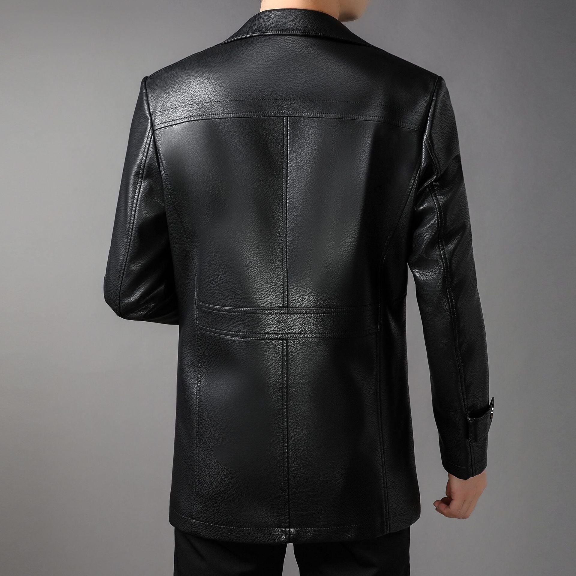 Men's long leather coat with lapel collar and chest zip Chichicherry