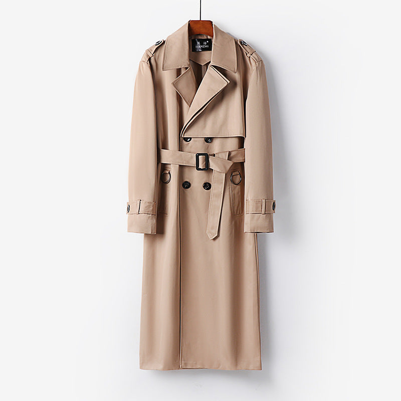 Men's Elegant Ankle-Length Trench Coat with Concealed Button Placket and Waist Belt Chichicherry