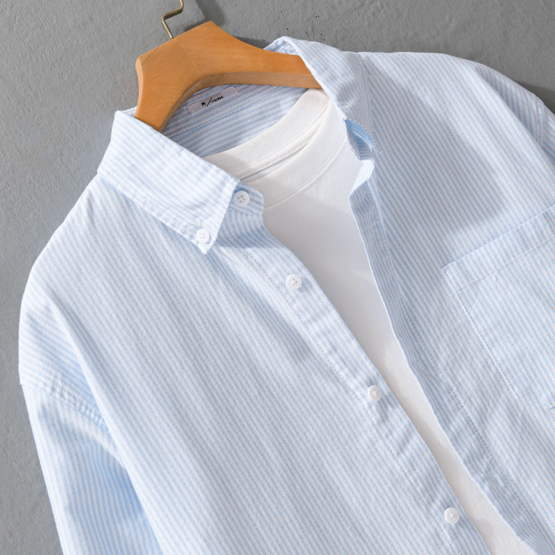 Men's fine stripe cotton overshirt in relaxed fit with kent collar and patch chest pocket Chichicherry