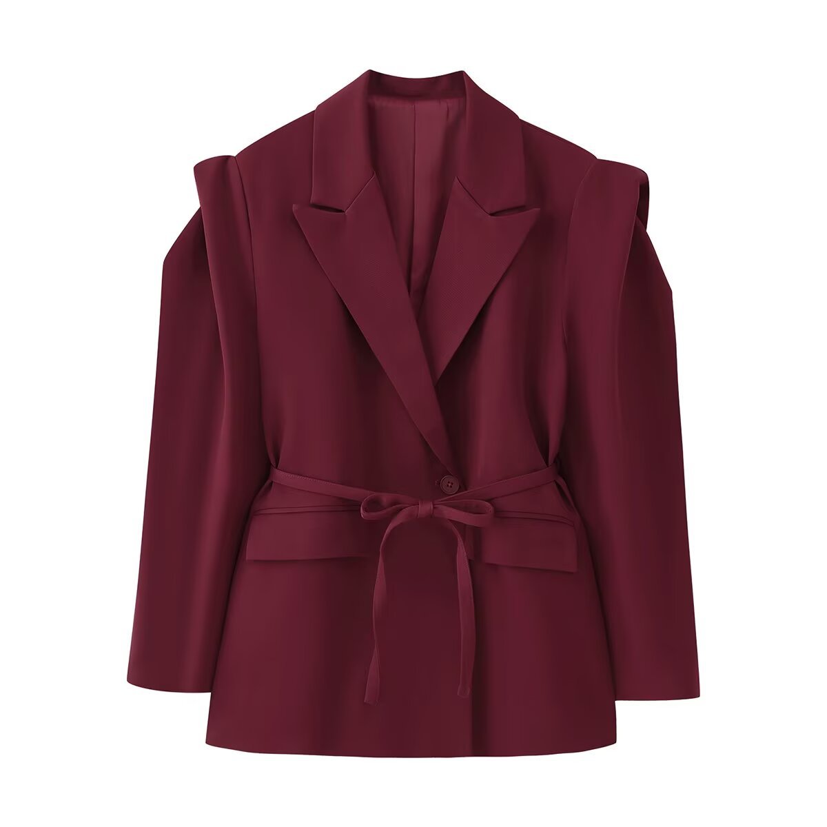 Women's Tailored One-Button Blazer with Tied Belt and Shoulder Cut-Out Chichicherry