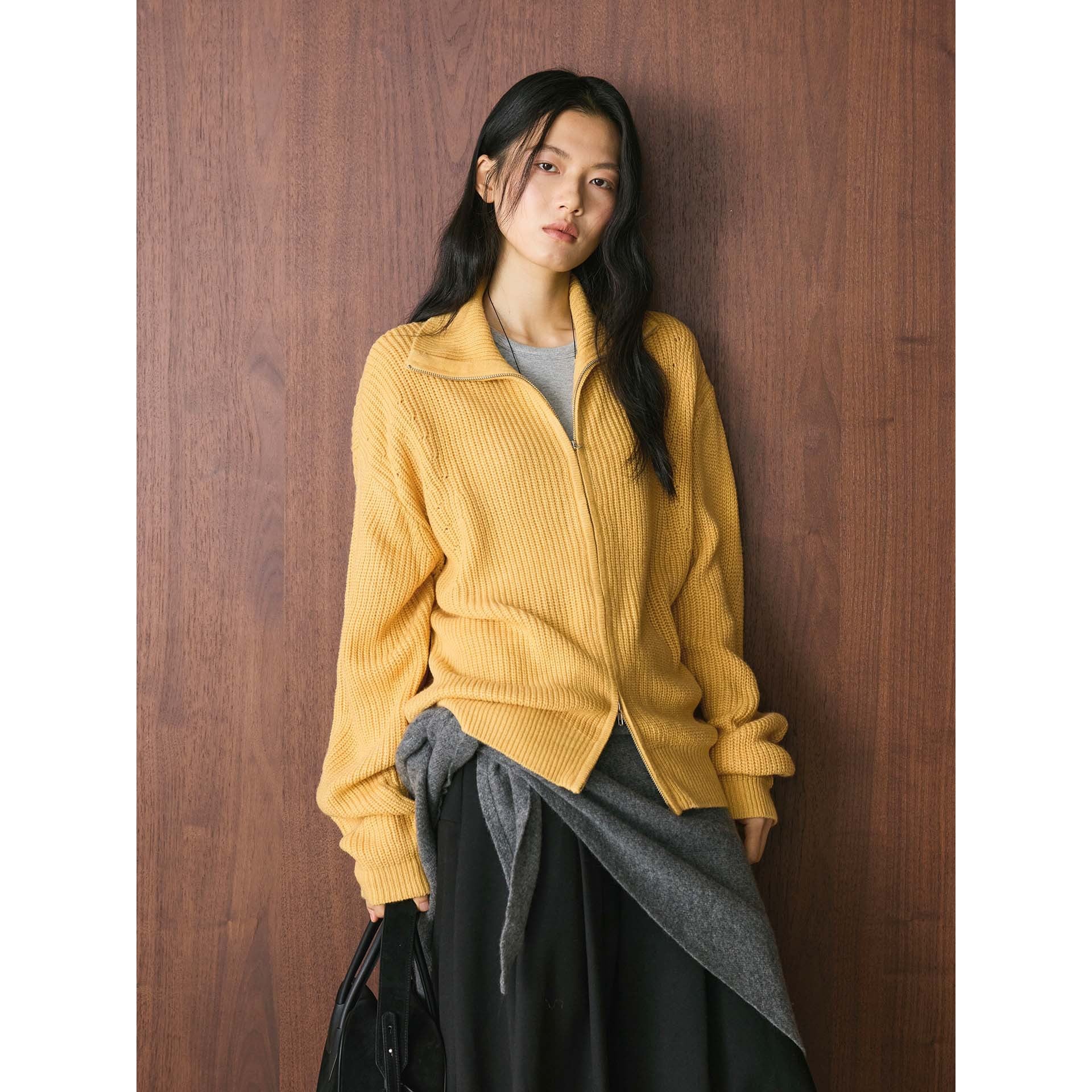 Women's chunky knit zip cardigan with high stand-up collar and dropped shoulder Chichicherry