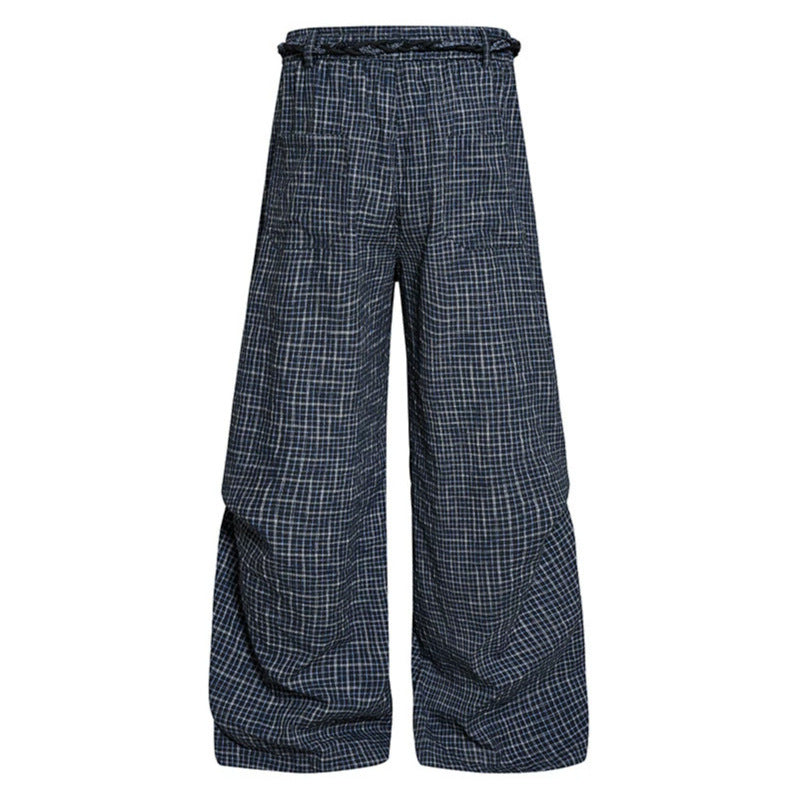 Women's wide palazzo pants with layered pleats, high waistband, and decorative cord belt Chichicherry