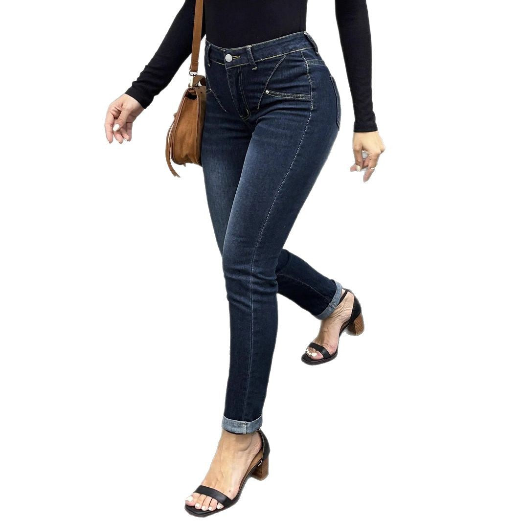 Women High-Waisted Slim-Fit Denim Jeans with Contoured Hip Seam Chichicherry