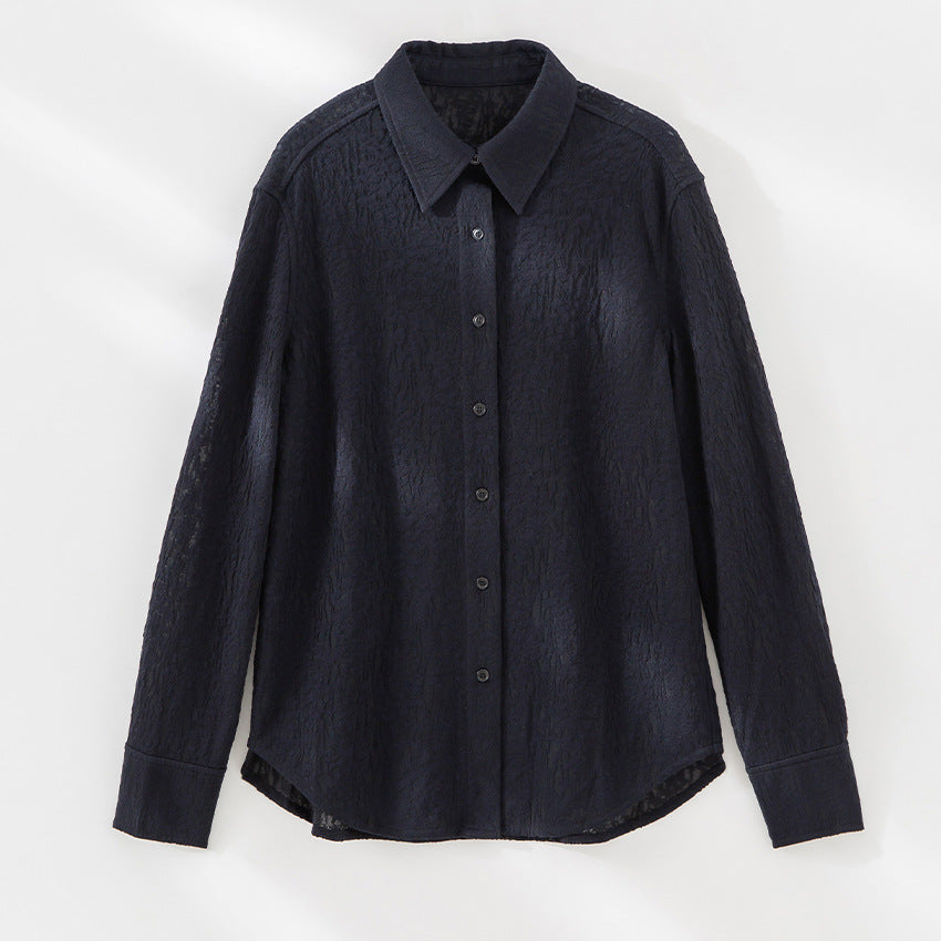 Ladies Textured Oversized Shirt Blouse with Shirt Collar and Cuffs Chichicherry
