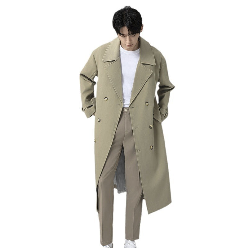 Men's Maxi-Length Trench Coat with Shaping Belt and Minimalist Silhouette Chichicherry