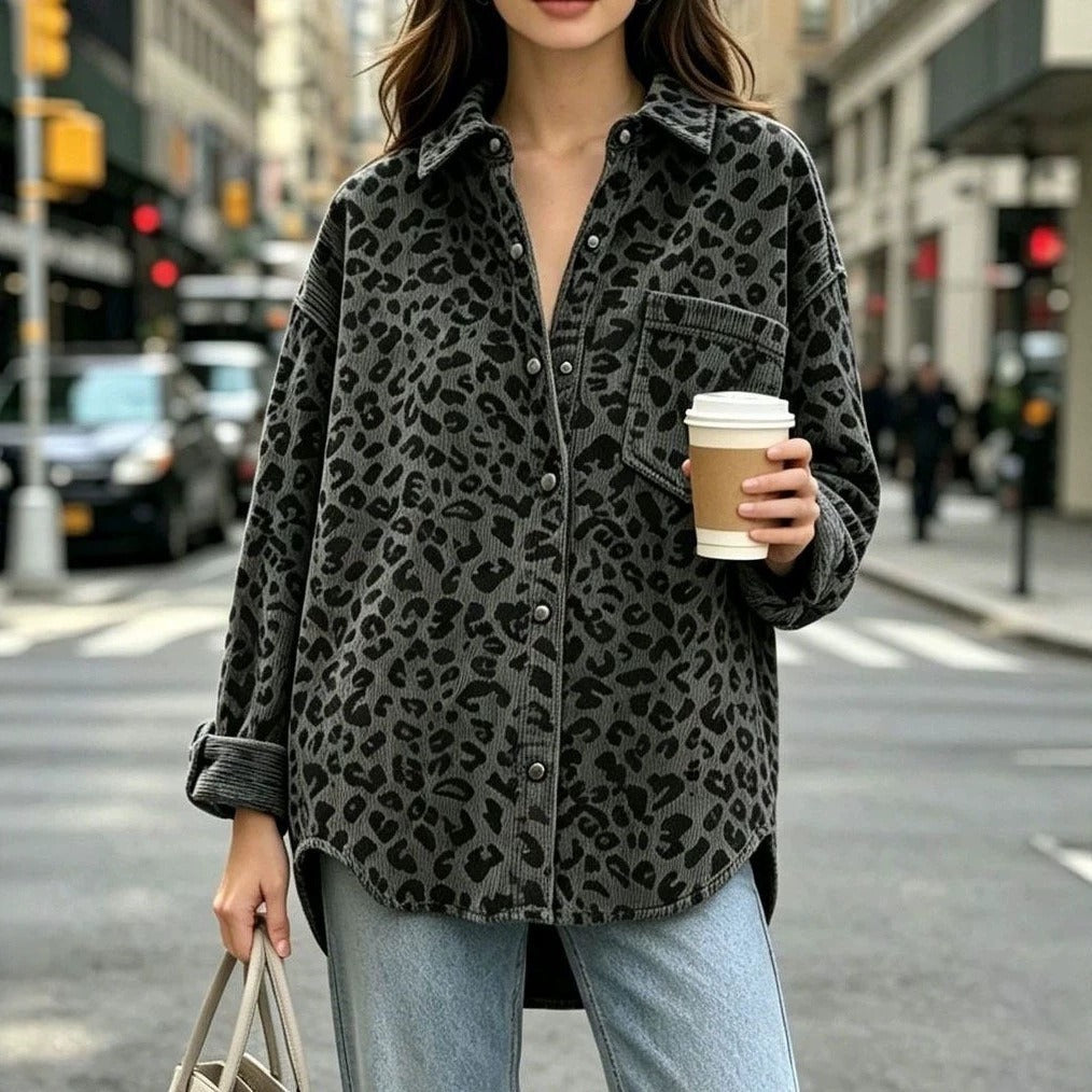 Women's Oversize Cord Shirt Jacket with Leopard Print and Snap Buttons Chichicherry