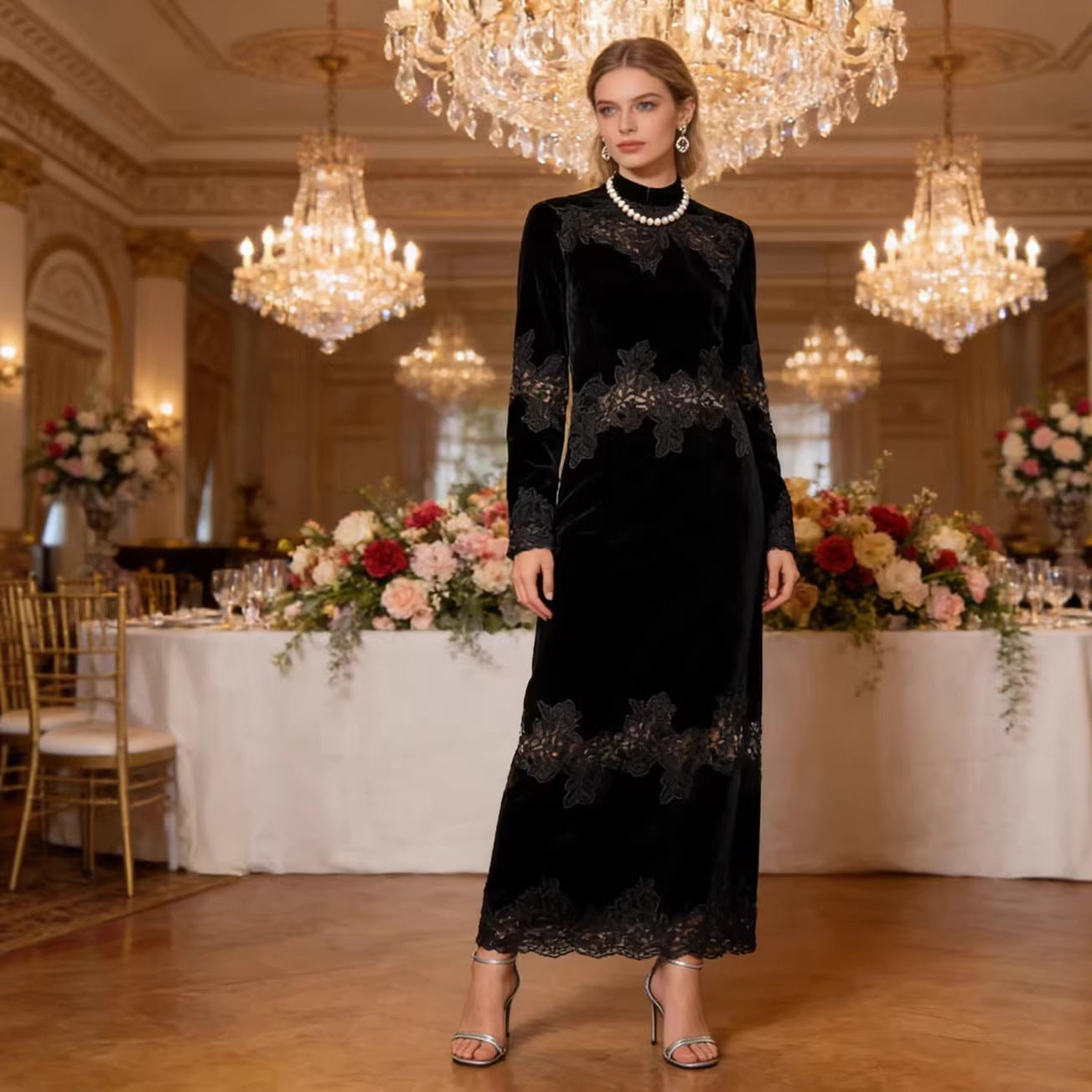Women Velvet Maxi Dress with Lace Trim, Stand Collar and Long Sleeves Chichicherry
