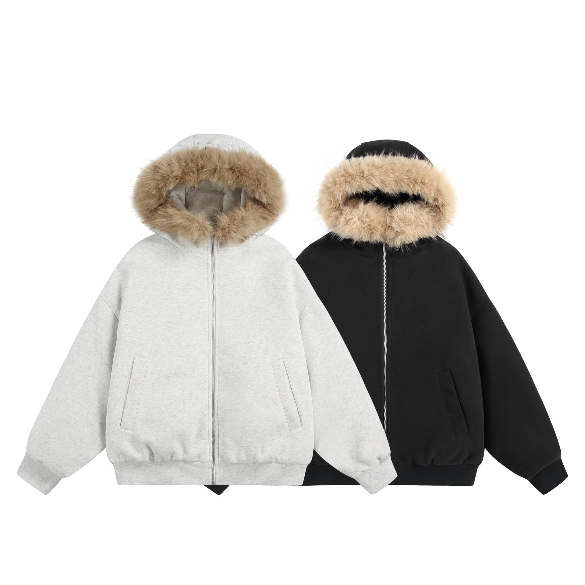 Women's Short Boxy Hooded Blouson made of French Terry with voluminous Faux Fur Edging Chichicherry