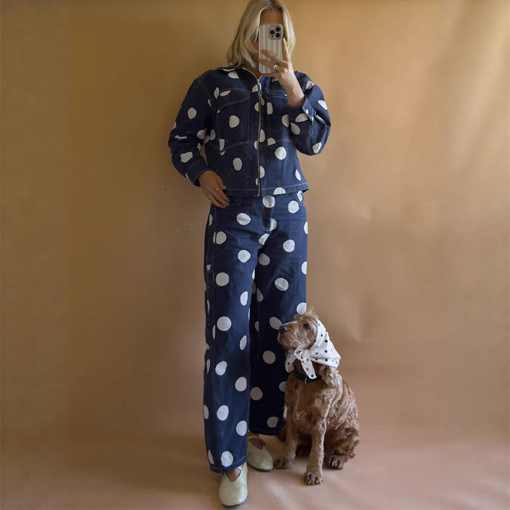 Women's wide cargo pants with high waist, polka dot print and visible contrast stitching Chichicherry