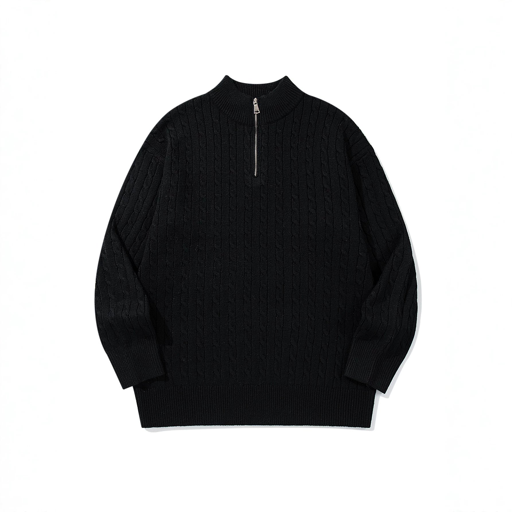 Unisex Cable Pattern Half-Zip Knit Sweater with High Ribbed Collar and Longer Hem Down