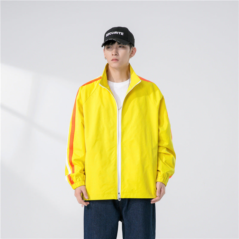 Men's Loose Fit Track Jacket with Stand-Up Collar, Contrasting Stripe Sleeves, and Elastic Cuffs