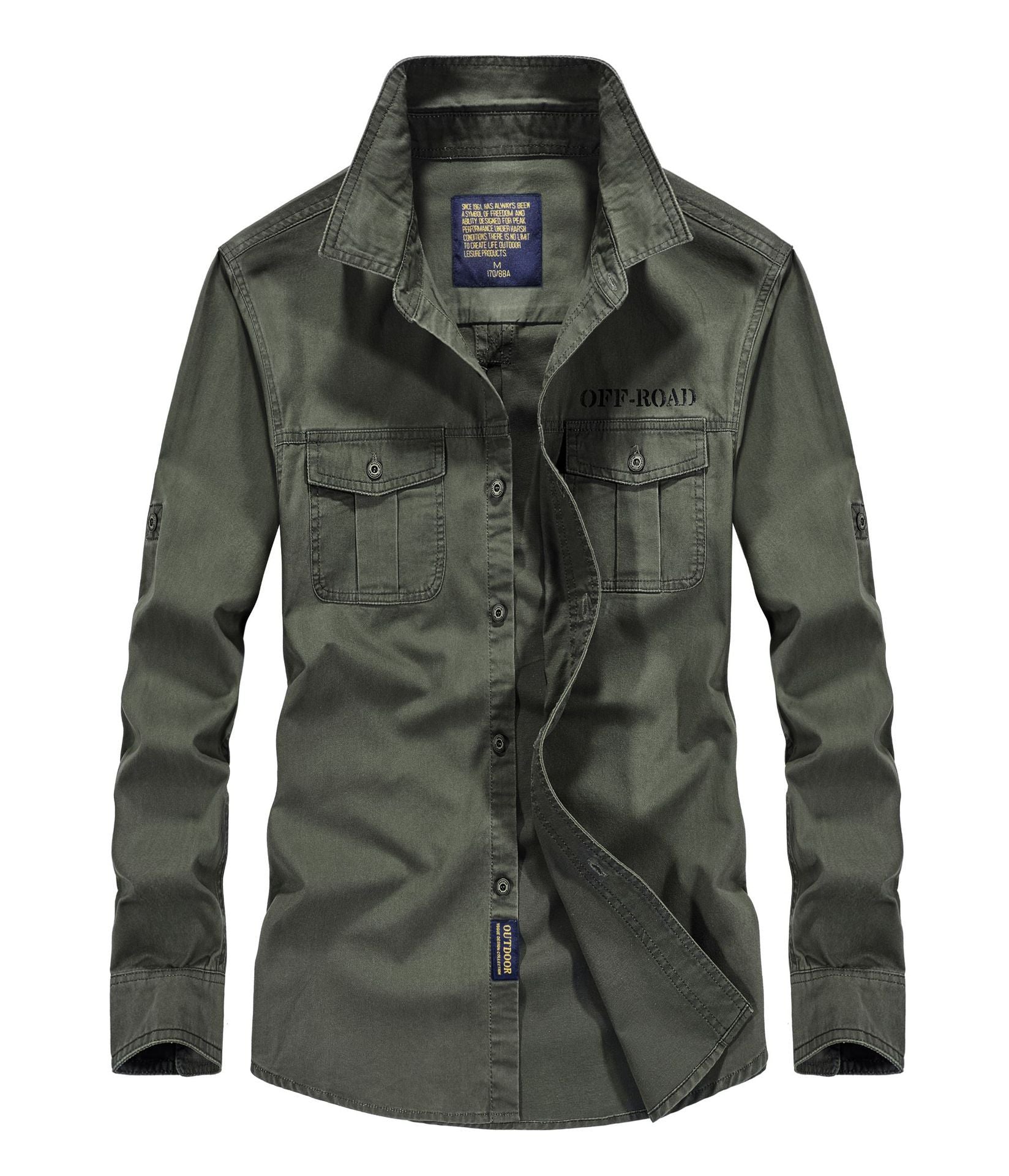 Men's Utility Field Shirt Jacket with Chest Flap Pockets, Roll-up Sleeves, and Sturdy Canvas Chichicherry