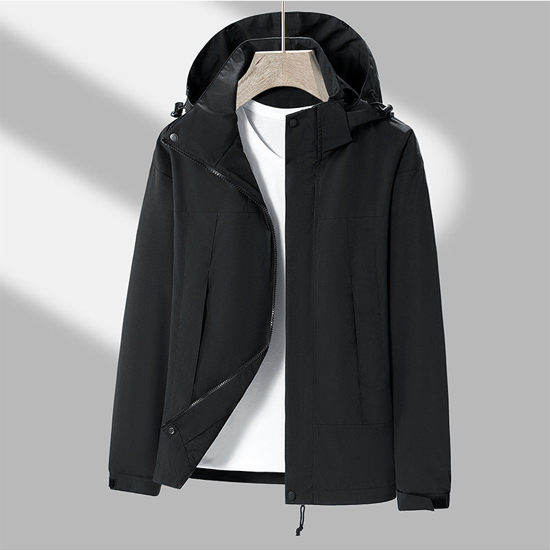 Men's lightweight water-repellent hooded transitional jacket with contrast shoulder panels and drawstring hem Chichicherry