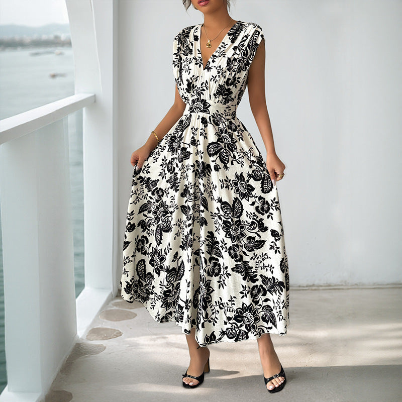 Women's Flowing Midi Dress with V-Neck, Gathered Waist and Jacquard Structure Chichicherry