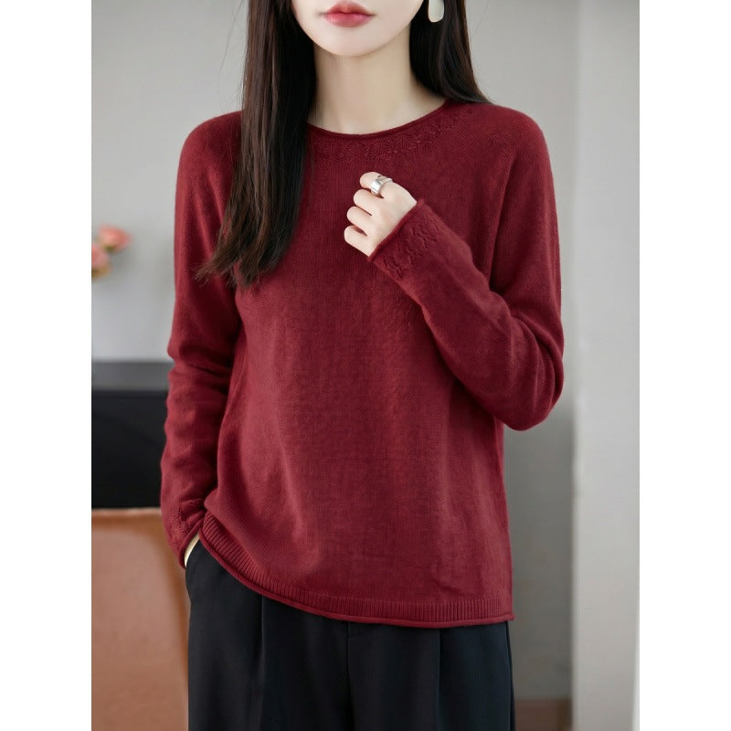 Women Light Fine Knit Crew Neck Sweater with Eyelet Detail and Casual Silhouette Chichicherry