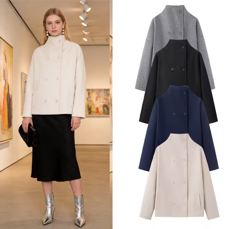 Women's Boxy Wool Jacket in Cocoon Cut with Stand-up Collar and Double-breasted Button Placket Chichicherry