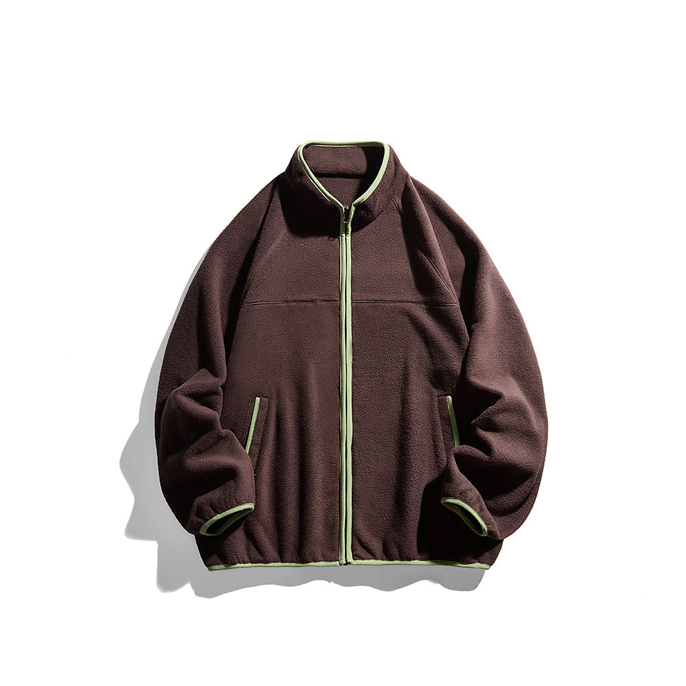 Unisex Oversize Fleece Jacket with Stand-Up Collar, Full-Length Zipper, and Contrast Piping Chichicherry