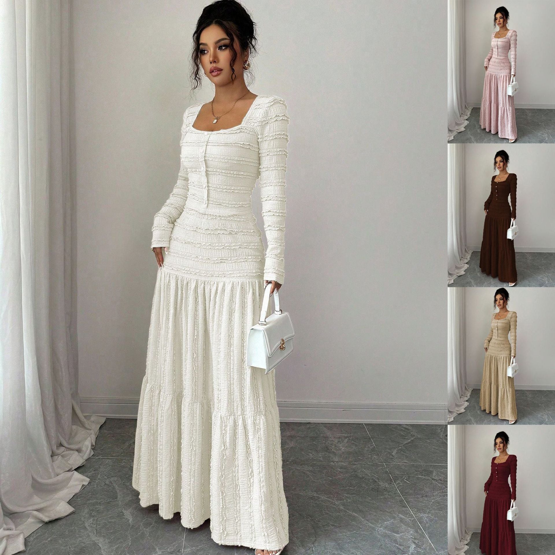 Women's Figure-Hugging Ruffle Maxi Dress with Square Neckline and Button Placket Chichicherry