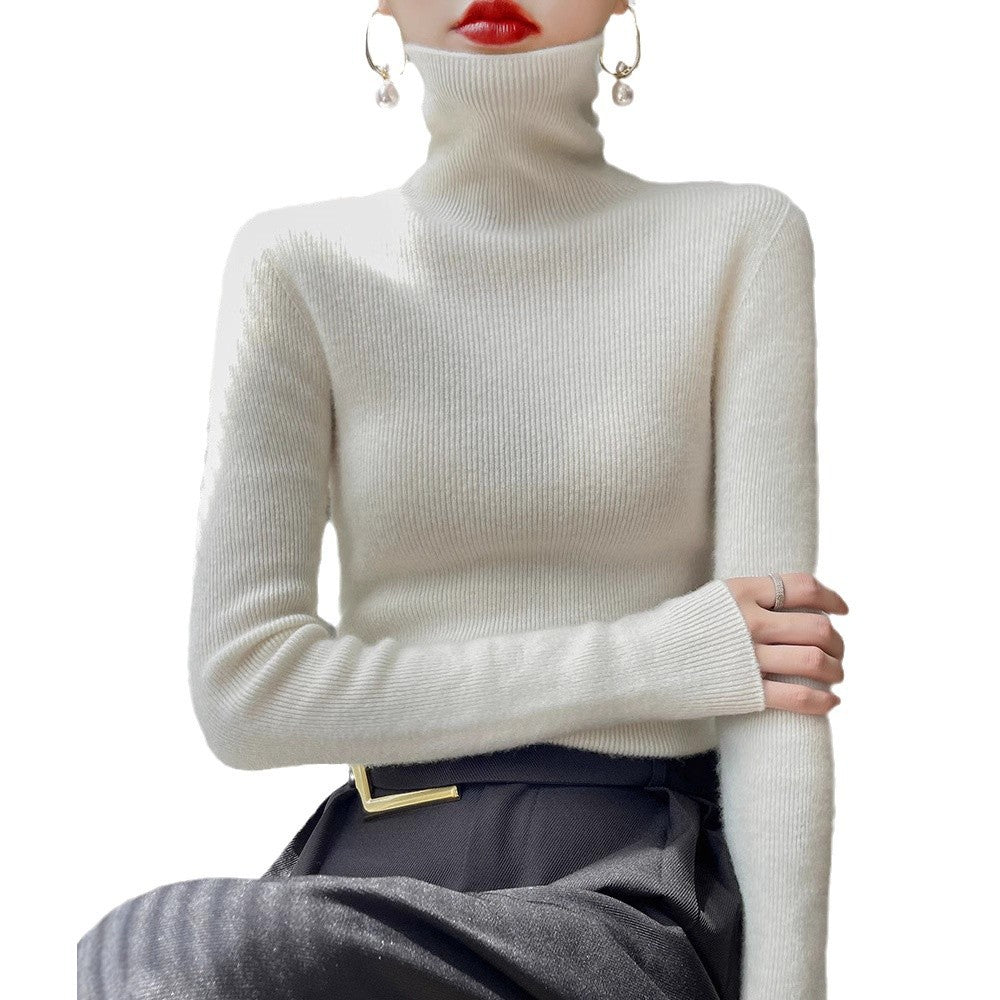 Women's Slim Roll Neck Sweater in Cashmere Blend with Extra Long Sleeve Cuff Chichicherry