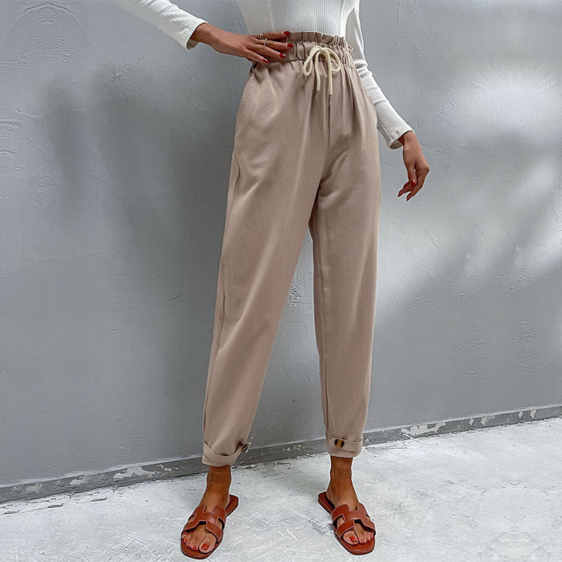 Women's Casual High-Waisted Pants with Drawstring, Side Pockets, and Tapered Leg Shape Chichicherry