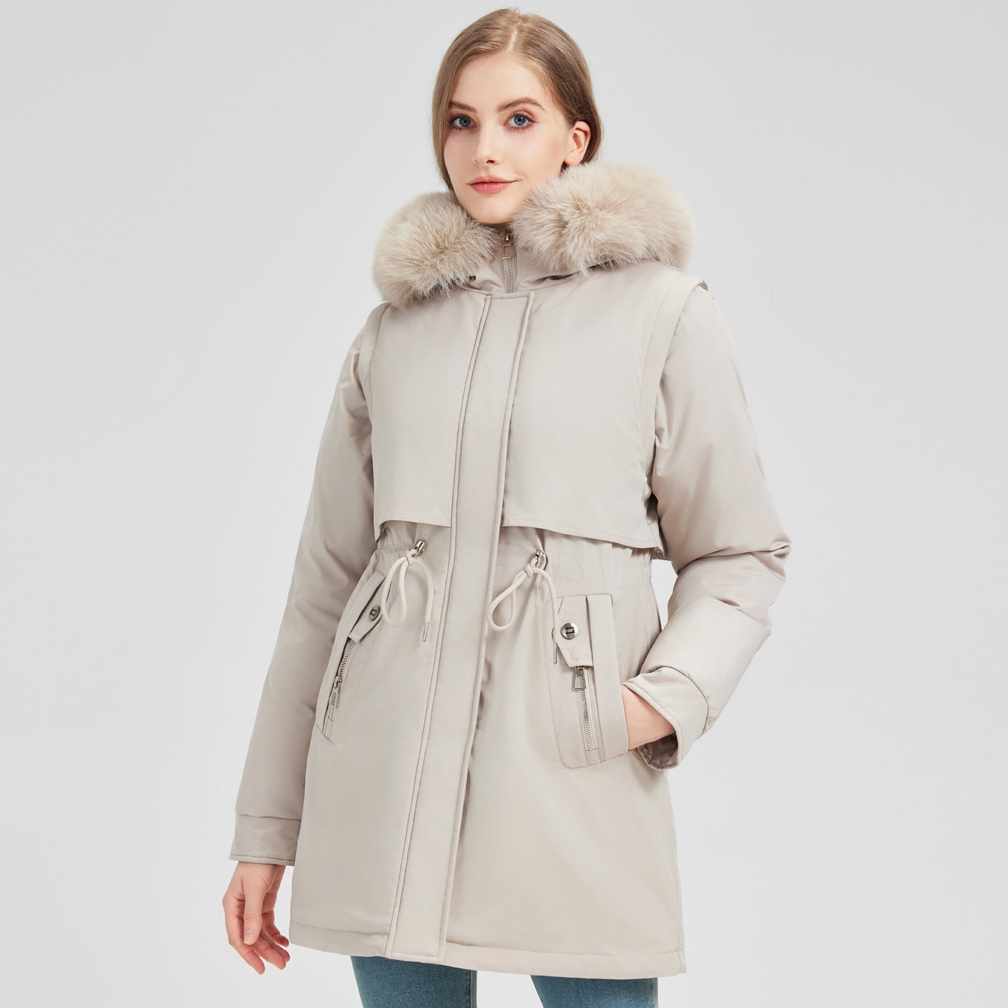 Women's tailored functional parka with asymmetrical front flap, adjustable drawstring, and wind-resistant stand-up collar Chichicherry
