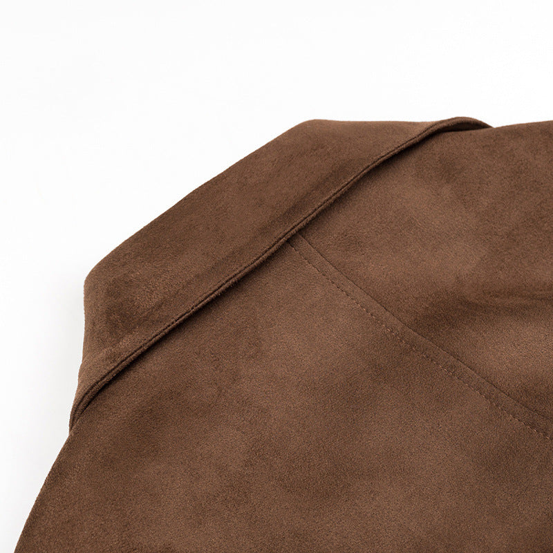 Women's Long Oversized Velour Leather Trench Coat with Tie Belt and Shoulder Straps Chichicherry