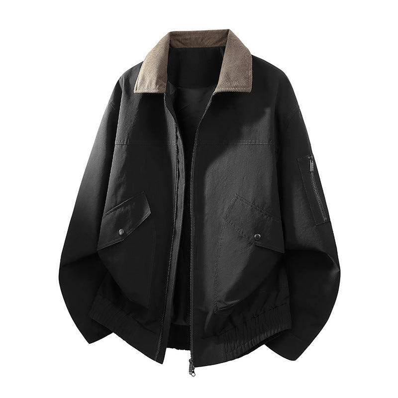 Men's Oversized Bomber Jacket in Worker Style with Cord Collar, Flap Pockets, and Elastic Hem Chichicherry