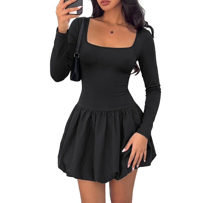 Women's Fitted Mini Dress with Square Neckline, Tailored Silhouette, and Balloon Skirt Chichicherry