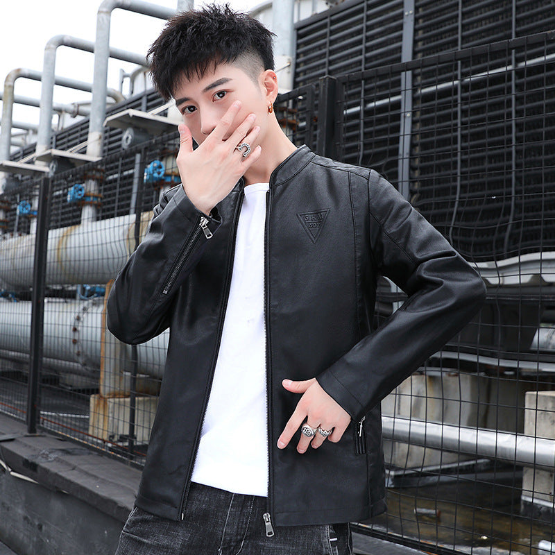 Men's Slim Faux Leather Moto Blouson with Stand Collar and Zipper Sleeves Chichicherry