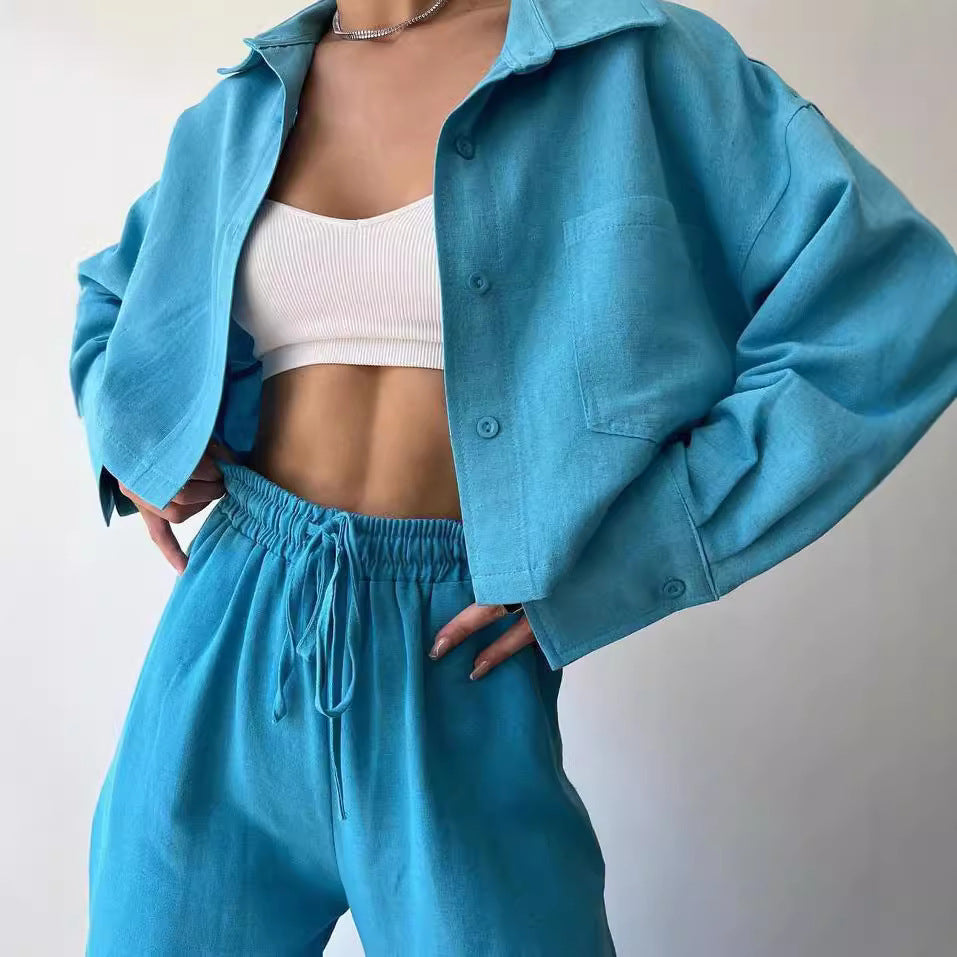 Damen Leinenoptik-Loungewear-Set mit Cropped-Overshirt und High-Waist-Tunnelzughose Chichicherry