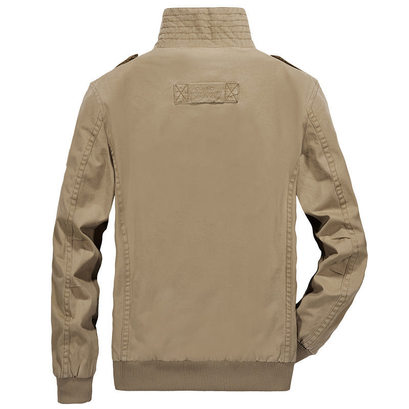 Men's robust canvas field bomber jacket with stand-up collar, shoulder flaps, and multiple pockets Chichicherry