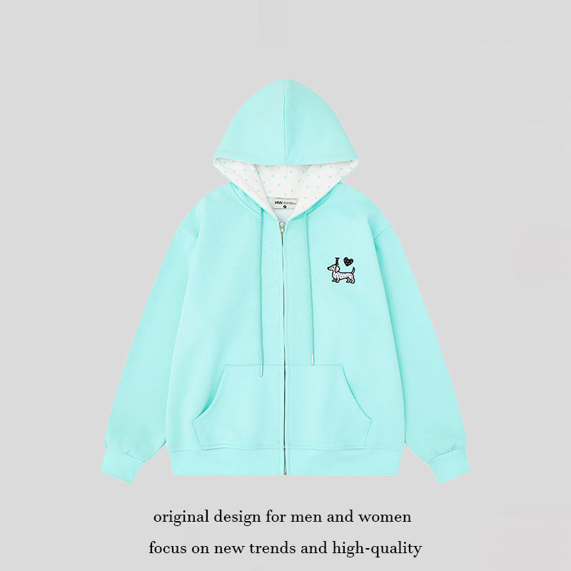 Women’s hooded sweatshirt jacket with embroidered dachshund motif and dotted hood lining Chichicherry