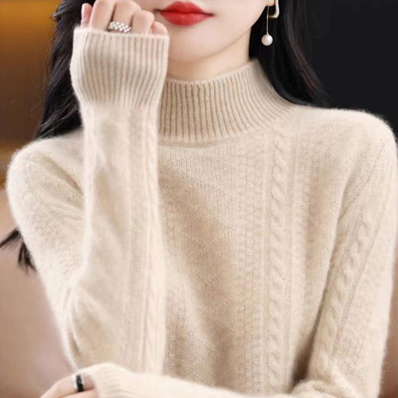 Women's Soft Mohair-Look Mockneck Sweater with Cable Pattern and Fine Ribbed Collar Chichicherry