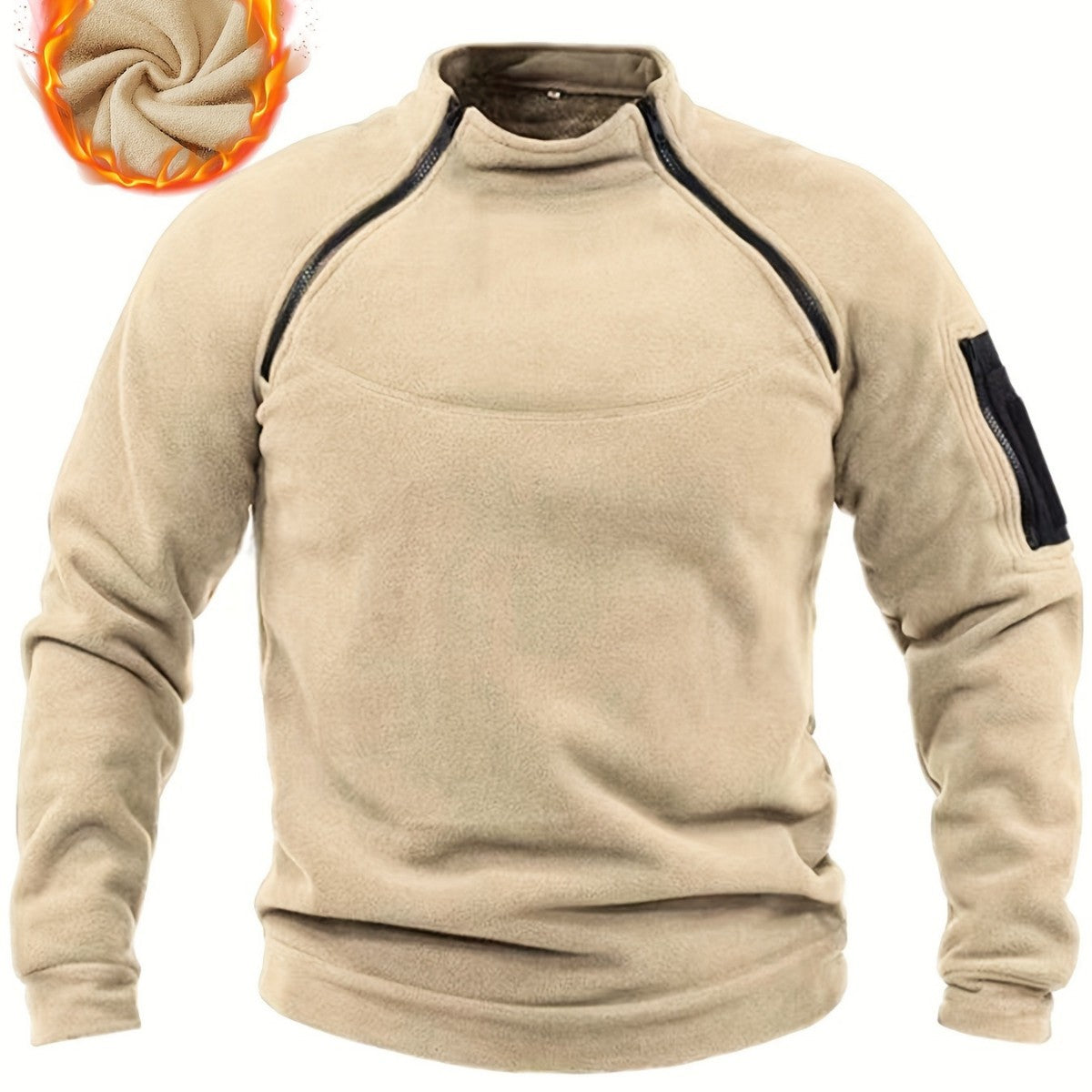 Men's Thermal Fleece Pullover with Shoulder Zippers, Stand Collar & Sleeve Utility Pocket Chichicherry