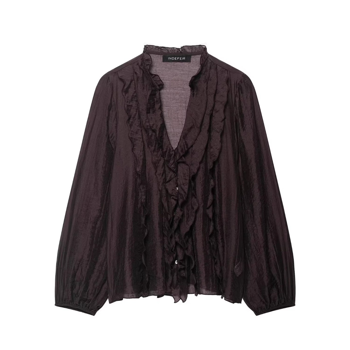 Ladies Transparent Crinkle Blouse with Ruffle Collar, Ruffled Front and Balloon Sleeves Chichicherry