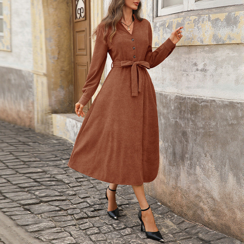 Women's midi dress made of cord with V-neck, button placket, three-quarter sleeves, and tie belt Chichicherry
