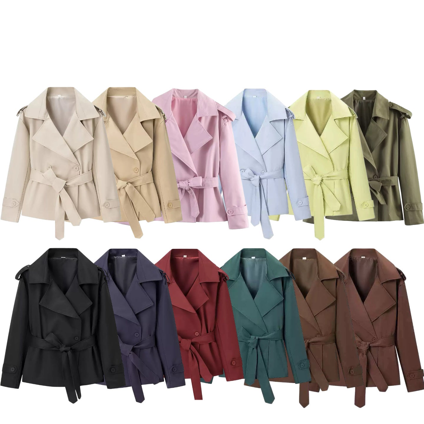 Women Short Trench Coat with dropped shoulders, large lapel collar and wrap belt Chichicherry