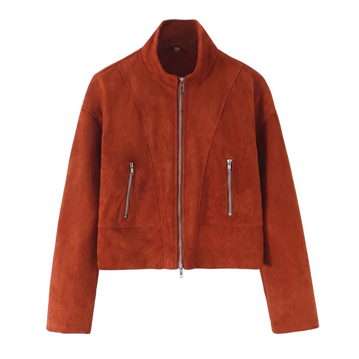 Women's short jacket in boxy cropped cut made of faux suede with stand-up collar and metal zippers Chichicherry